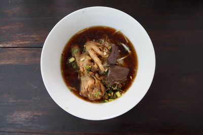 High angle view of soup in bowl on table