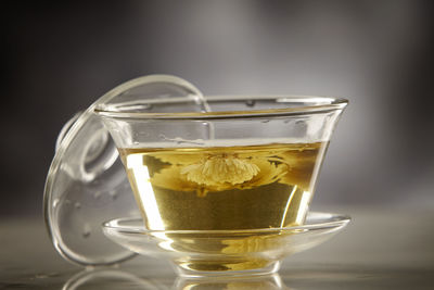 Close-up of tea in glass on table