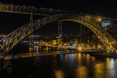 Illuminated bridge over river at night