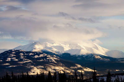 Scenic view of snow covered mountains against sky