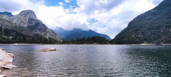 Scenic view of lake and mountains against sky