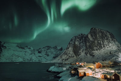 Scenic view of snowcapped mountains against sky at night