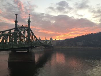 Liberty bridge over river against cloudy sky during sunset