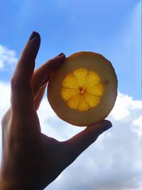 Close-up of hand holding apple against sky