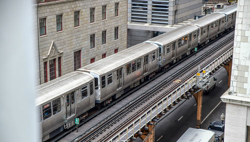 High angle view of commuter train tracks in the city