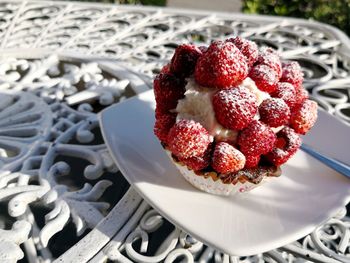 High angle view of strawberries in plate