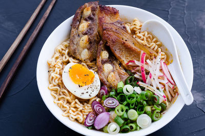 High angle view of food in plate on table