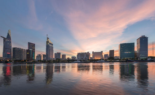 City at waterfront during sunset