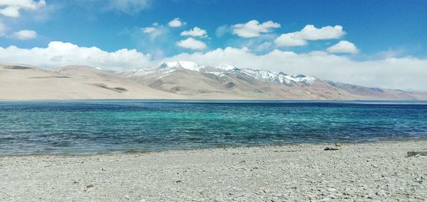 Scenic view of a lake and snowcapped mountains against sky