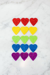 High angle view of multi colored heart shape on table