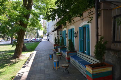 Empty sidewalk by buildings in city