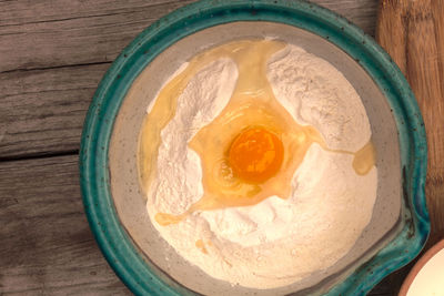 High angle view of egg in bowl