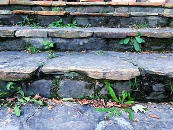 High angle view of old stone wall