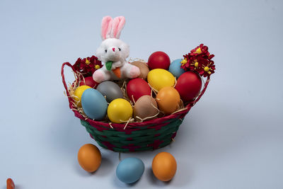 High angle view of easter eggs in bowl on white background