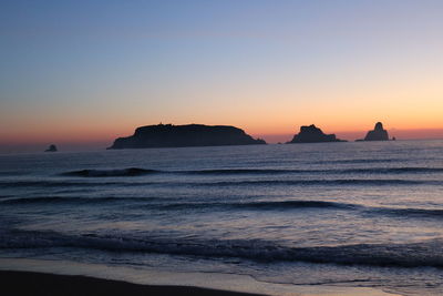 Scenic view of sea against clear sky during sunset