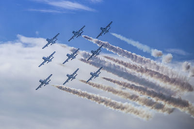 Low angle view of airplane flying against sky