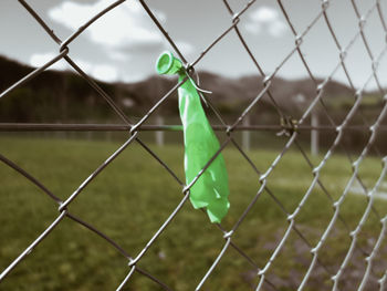 Close-up of balloon hanging on chainlink fence against sky