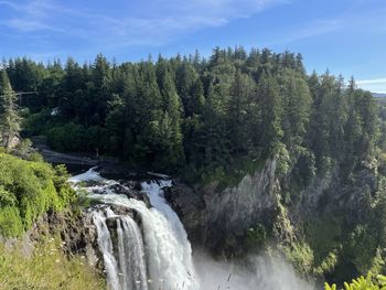 Scenic view of waterfall in forest against sky