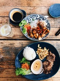 High angle view of food served on table