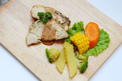 High angle view of fish served in plate on table