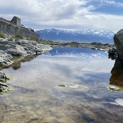 Scenic view of lake and mountains against sky