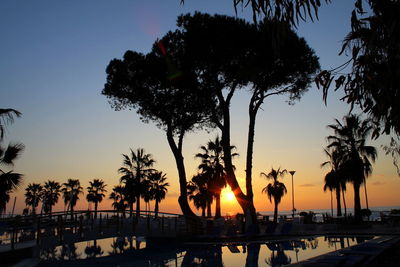 Silhouette palm trees on beach against sky during sunset