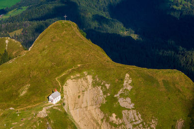 Panoramic view from the pilatus mountain to the klimsen chapel on lake lucerne in switzerland.