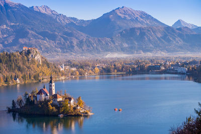 Scenic view of lake by mountains against sky