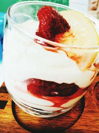 Close-up of dessert served on table