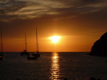 Silhouette of sailboats in sea during sunset