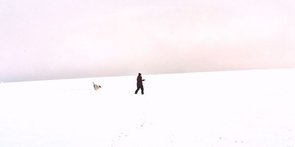 Person with dog on snow covered field