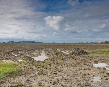 Scenic view of field against cloudy sky