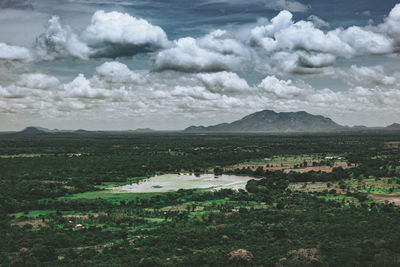 High angle view of land against sky