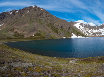 Scenic view of lake and mountains against sky