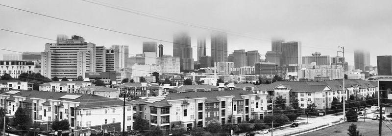 High angle view of buildings against sky