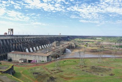 High angle view of dam on field against sky