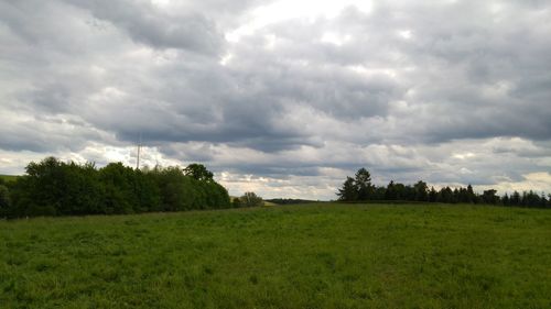 Scenic view of grassy field against cloudy sky