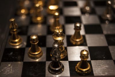 High angle view of chess pieces