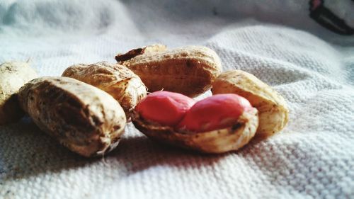 Close-up of peanuts on jute