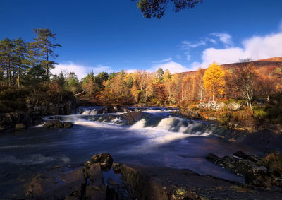 Scenic view of waterfall in forest against sky