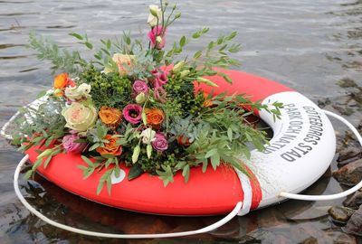 High angle view of flowers on table