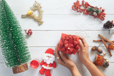 High angle view of christmas decoration on table