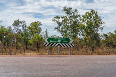 Road sign by trees against sky