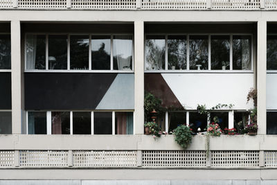 Reflection of building on glass window