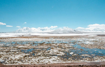 Scenic view of snowcapped mountains against blue sky