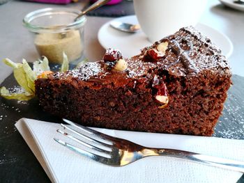 Close-up of cake in plate on table