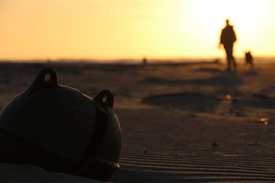 Close-up of silhouette crab on beach against sky during sunset