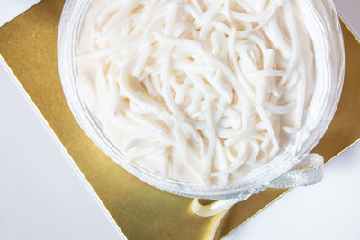 High angle view of pasta in bowl on table