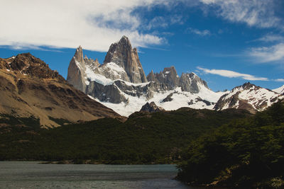 Scenic view of mountains and lake against sky