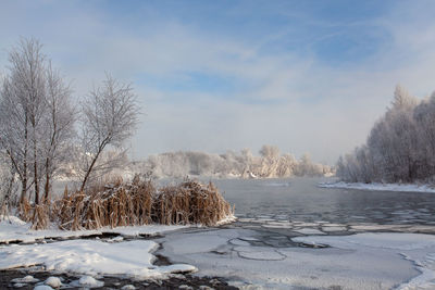 Scenic view of frozen lake against sky during winter